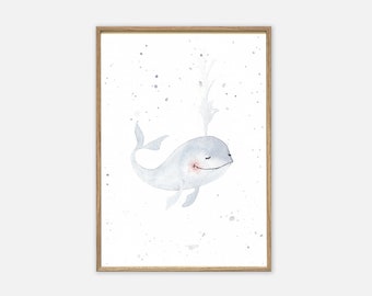 Poster | Happy Whale | Bild Kinderzimmer Poster Kinderzimmer Tierposter Wal Geschenk Junge Geschenk Mädchen Poster Kinderposter