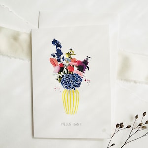 Gracias tarjeta florero | Tarjeta ramo de flores tarjeta acuarela gracias flores pintadas a mano con sobre Muchas gracias