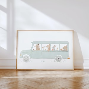 Poster | Tiere Busfahrt | A4 & A3 Bild Kinderzimmer Poster Kinderzimmer Tierposter Geschenk Junge Geschenk Mädchen Poster Kinderposter