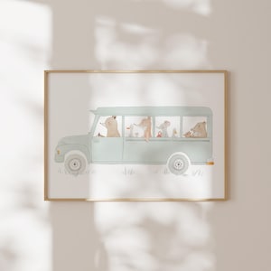 Pósters | Viaje en autobús de animales | Imagen A4 y A3, póster para habitación de niños, póster de animales para habitación de niños, regalo para niño, regalo para niña, póster para niños
