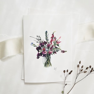 Cartão de cumprimentos flores roxas | Cartão de aniversário cartão de aniversário cartão de parabéns em aquarela flores pintadas à mão com envelope