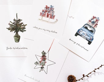 Ensemble de 4 cartes de Noël | Cartes postales A6 | 4 motifs | Carte de Noël Illustration aquarelle de Noël
