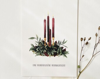 Kerstkaart | Adventsarrangement | Ansichtkaart Kerstkaart Kerstkaart Aquarel handgeschilderde kerstkaarten Ansichtkaart Adventskrans