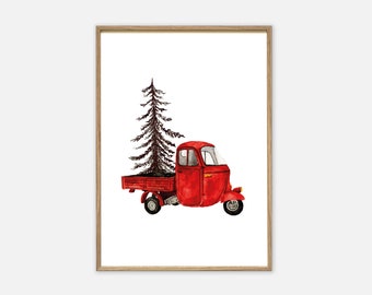 Poster Kunstdruck | Rotes Auto | A4 A3 | Kunstdrucke Weihnachten Bilder Wandbild Aquarell Bilder Weihnachtsgeschenk Deko Weihnachten