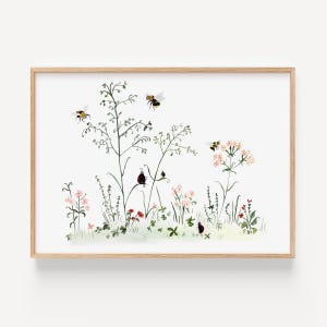 Pósteres | Prado de flores y abejas | Imagen A4 A3, póster para habitación de niños, póster de animales para habitación de niños, regalo para niño, póster para niña, póster para niños