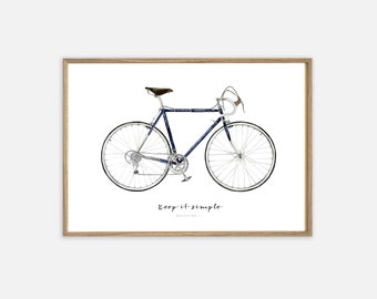 Impression d’art | Restez simple | Affiche photos de vélo image murale vélo aquarelle image vélo de course cadeau homme vélo avec des images de fleurs