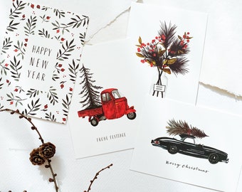 Lot de 4 cartes de Noël No3 | Cartes postales A6 | 4 motifs | Carte de Noël Illustration aquarelle de Noël Cartes de Noël peintes à la main