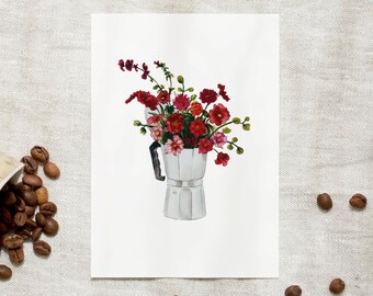 Postcard | Espresso Bouquet | Card Coffee Watercolor Coffee Lover Birthday Card Flower Illustration Watercolor Picture Kitchen