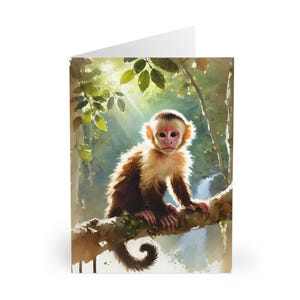Set di 5 carte acquerello scimmia cappuccina, regalo per amanti della natura, carte vuote per tutte le occasioni