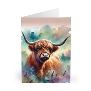5 biglietti d'auguri con mucca delle Highlands, confezione di biglietti di compleanno, biglietti vuoti per tutte le occasioni, stile acquerello, regalo per gli amanti della fauna selvatica, biglietti di auguri
