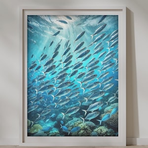 Serene Ocean School - Unterwasserfisch-Kunstdruck, digitaler Download, Sofortige Kunst, Meeresleben-Plakat, Fischschwarm im blauen Wasser