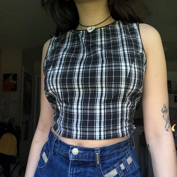 60s style 90s Plaid Tie Up Crop Top with Lace Frill Collar
