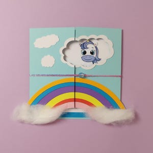Einhornparty Einladung – Handgefertigte Karte mit Regenbogen & Wattewolken