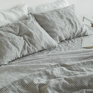 3 pieces linen bedding set in Charcoal Stripes / Linen duvet cover and 2 pillowcases / Twin, Full, Queen, King, Euro, AU sizes
