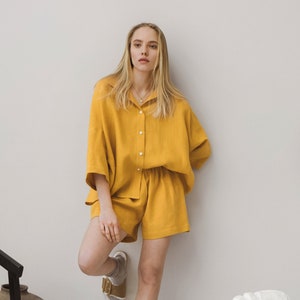 Linen pajama Soft Shirt and shorts. Various color. Linen nightwear, sleepwear. Women's washed linen clothes