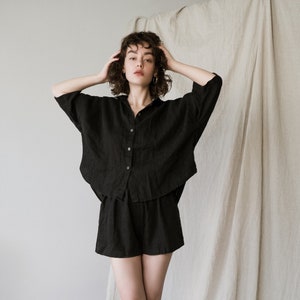 Linen Pajama in Black color. Soft Shirt and shorts. Soft and comfortable linen nightwear, sleepwear / Women's washed linen clothes