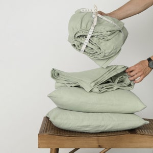 Linen sheet set in Sage Green color / Fitted sheet, flat sheet, 2 pillowcases /Twin, Full, Queen, King, Euro and custom sizes