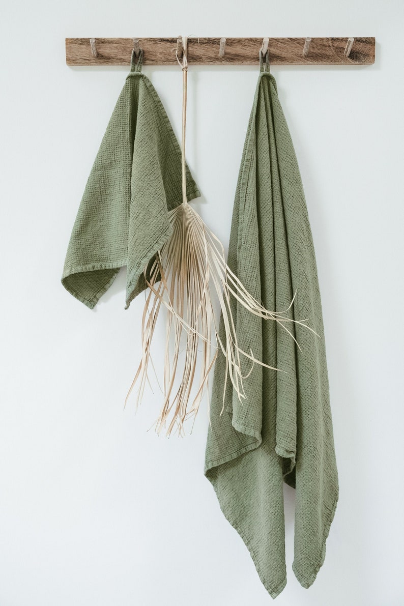 Linen waffle towels SET in Green / Hand face body towels / Etsy