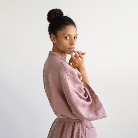 Vestaglia kimono in lino rosa polveroso Abito da bagno lungo in