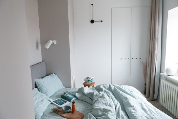 Linen Fitted Sheet In Mint Blue Linen Bedding Stone Washed Soft Linen Twin Full Double Queen King Euro Au Sizes