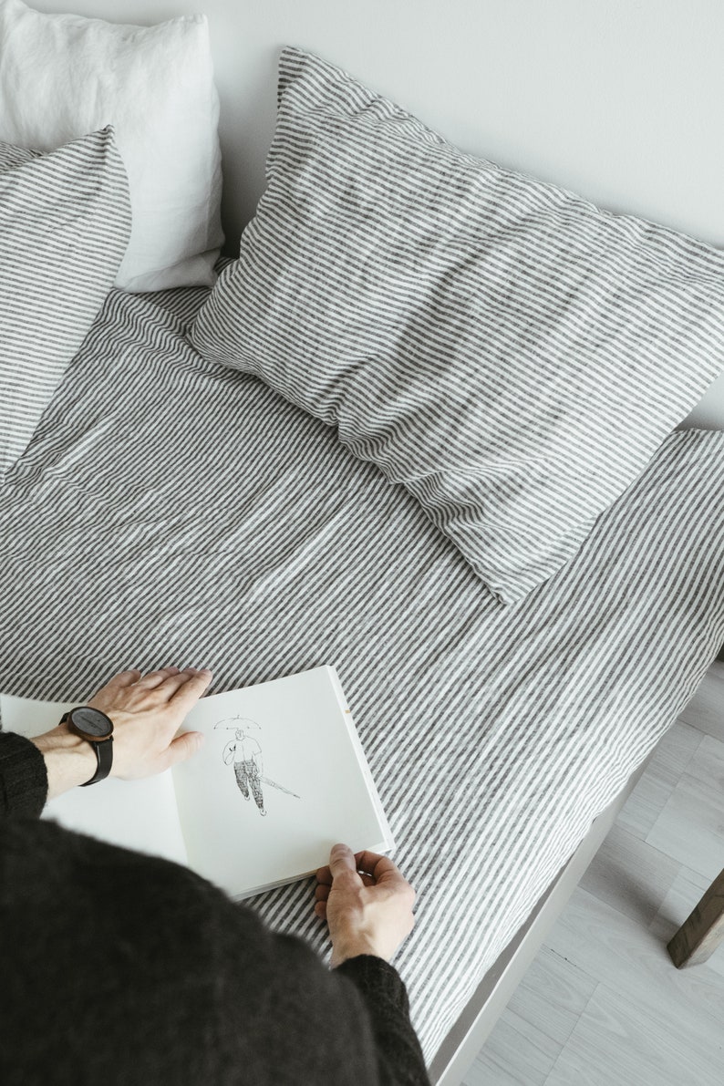 Linen flat sheet in Charcoal Stripes / Twin Full Double Etsy