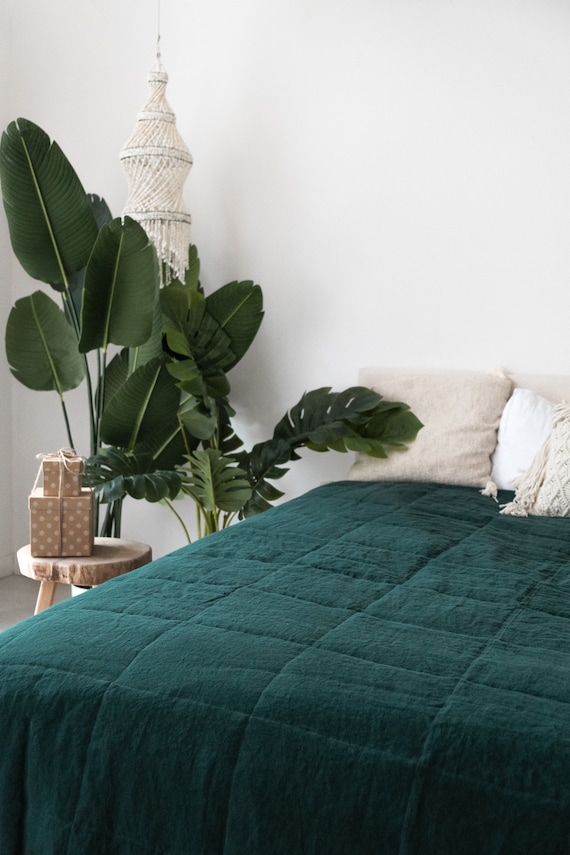 Linen Quilted Bedspread in Emerald Green Color linen Blanket