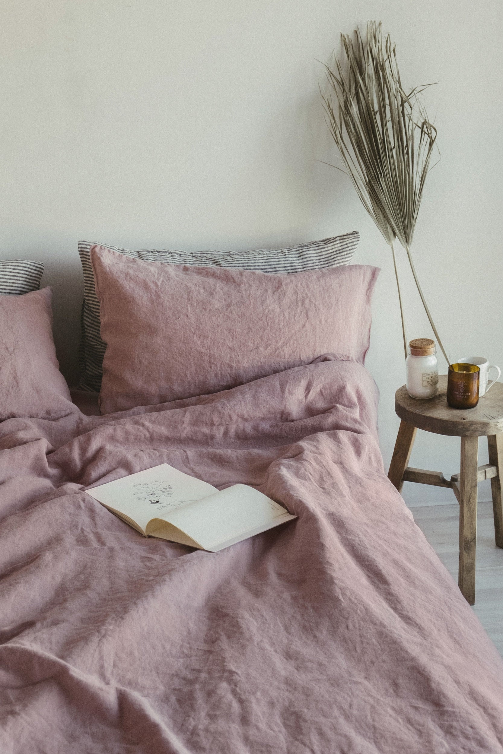 3 Piece Linen Bedding Set In Dusty Rose, Rose Colored Duvet Cover