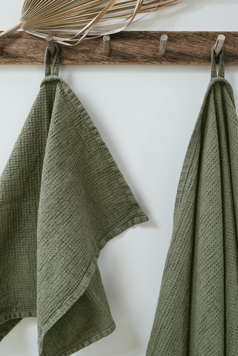 Linen waffle towels SET in Green / Hand face body towels / Etsy