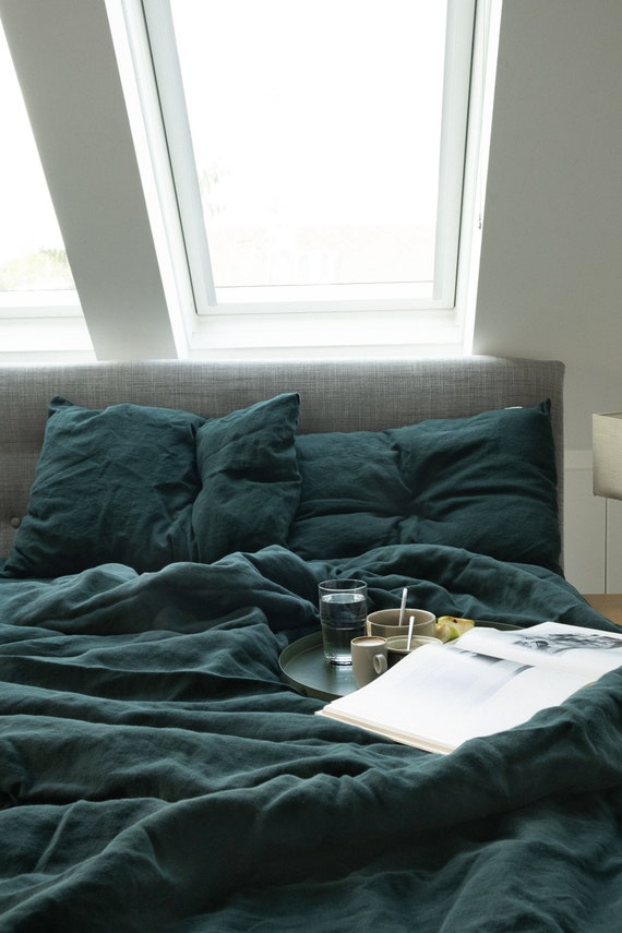 3 Piece Linen Bedding Set In Emerald Green Duvet Cover - Green Linen Bedding Set 3 Piece Linen Bedding Set In Emerald Green Duvet Cover - Green Linen Bedding Set