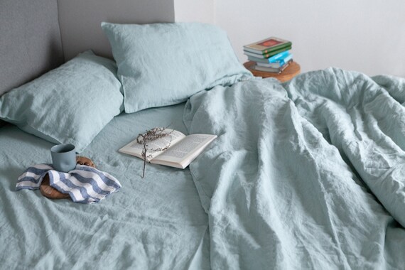 3 Piece Linen Bedding Set In Mint Blue Linen Duvet Cover And 2 Pillowcases Twin Full Queen King Euro Au Sizes