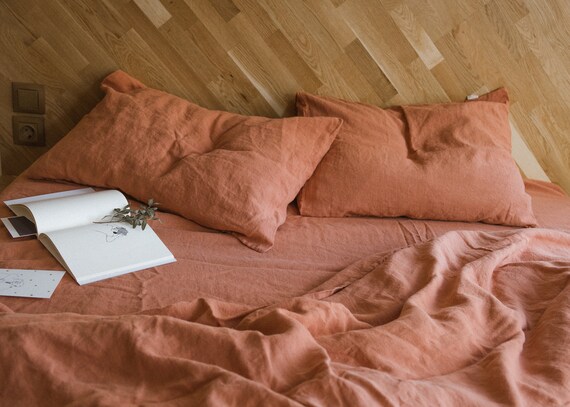 3 Piece Linen Bedding Set In Dark Orange Linen Duvet Cover Etsy