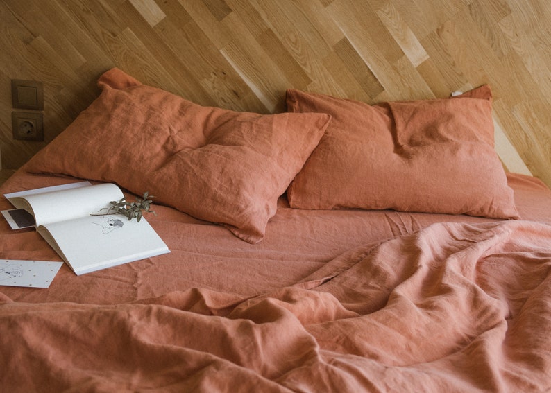 3 Piece Linen Bedding Set In Dark Orange Duvet Cover Image 0