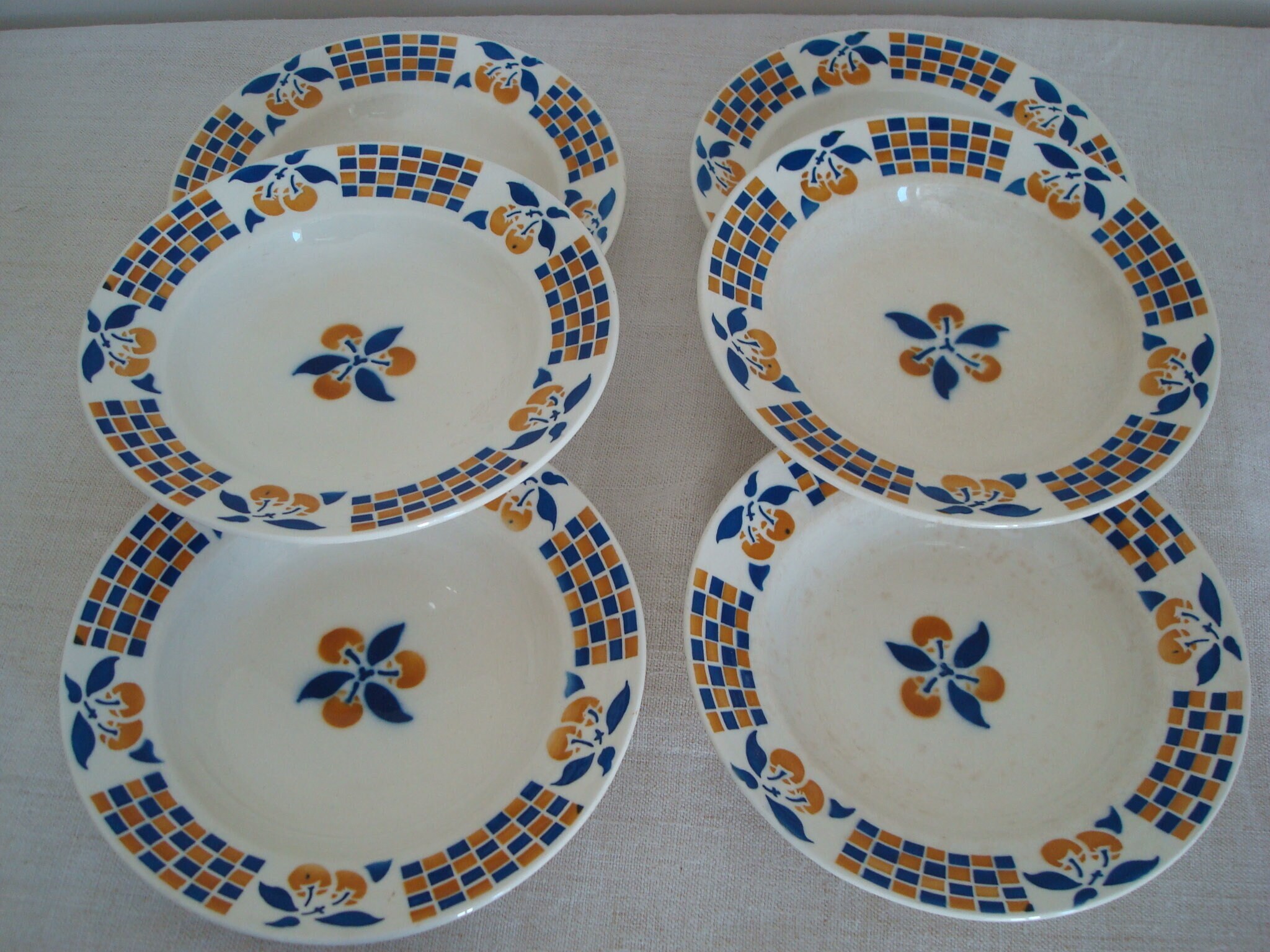 6 Assiettes Anciennes Creuses Cerises Art Déco France 1920
