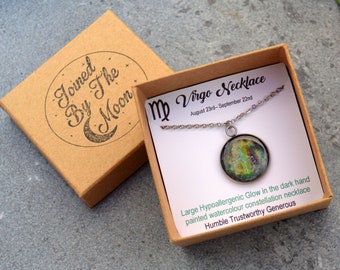 Virgo Necklace Large- Glow in the Dark Watercolour Necklace- Zodiac Constellation Necklace