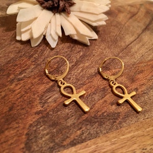 Ankh Earrings, Tiny Hoop Earrings, Ankh Hoop Earrings, Egyptian Ankh , Ankh Jewelry, Gold Huggie Hoop Earrings