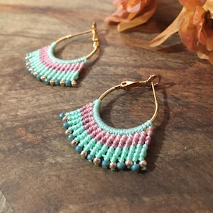 Bohemian Colorful Pastel Mint Beaded Macrame Earrings, Beaded Hoop Earrings, Micro Macrame, Hippie Earrings, Dainty Playful Fringe Earrings