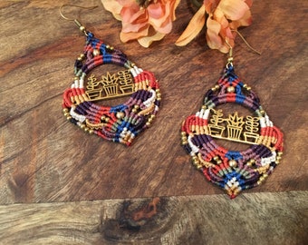 Bohemian Colorful Brass Potted Plant MacrameEarrings: Succulent & Cactus Hippie Jewelry Gift For Plant Lovers