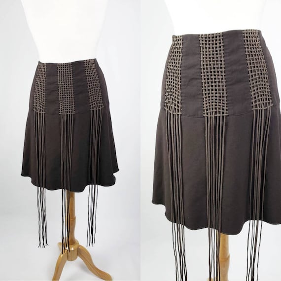 60s 70s Vintage Brown Suede Fringe Mini Boho Skirt