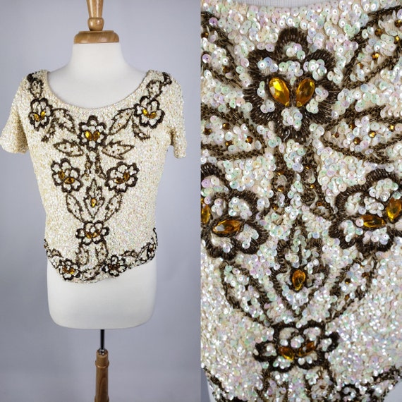 50s Vintage Sequin Beaded Cream Blouse | Size Larg