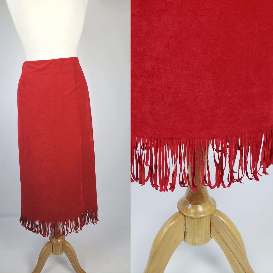 80s Vintage Boho Red Long Fringe Skirts Medium and Large Etsy