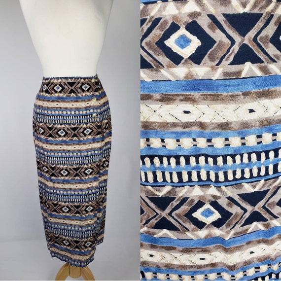 90s Vintage Blue Brown Tribal Abstract Boho Hippie