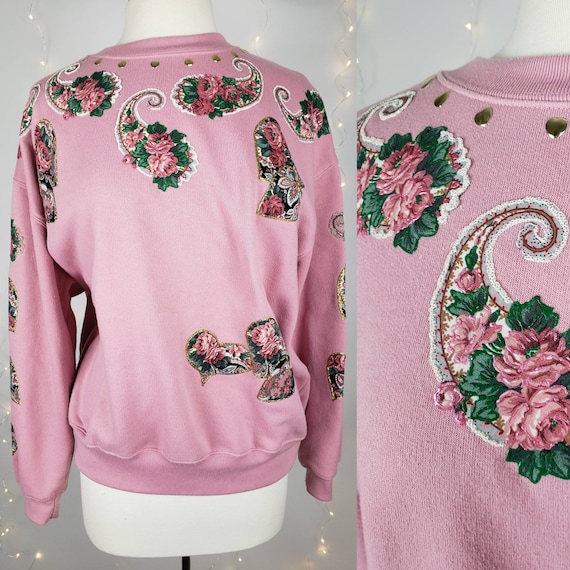 80s Vintage Pink Embellished Floral Heart Sweater