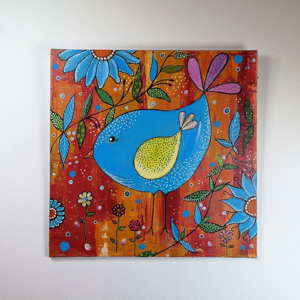 Tableau, Peinture, folk art, oiseau, naïf, peinture acrylique, peinture moderne