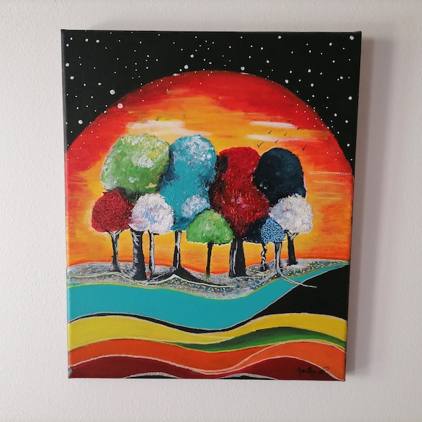 Tableau arbres multicolor peinture acrylique