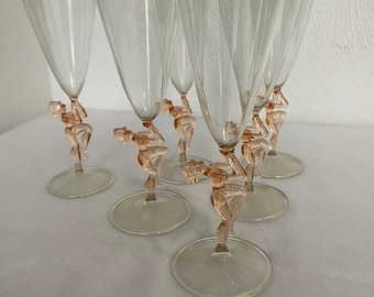 Außergewöhnliche Bimini Sektgläser, Art Deco Stil aus Lauscha, Rarität! 6-teilig