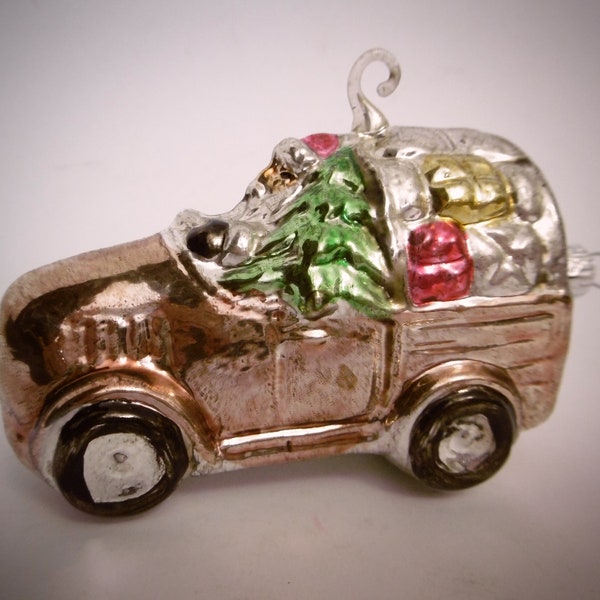 Nostalgischer Christbaumschmuck "Weihnachtsmann im Auto", Glas, mundgeblasen