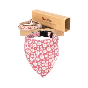 Può includere: Un bandana rosa per cani con un motivo a margherita bianca. Il bandana fa parte di un set di collare per cani che include un braccialetto di amicizia abbinato. La scatola è etichettata "pettsie collare per cani con braccialetto di amicizia e bandana".
