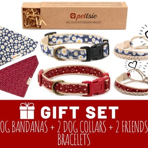 Pettsie Gift Set Red and Blue Dog Collar with Bandana and Friendship Bracelet, Durable Hemp for Safety, Comfortable and Soft