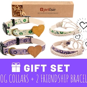 Pettsie Gift Set Purple and Green Dog Collar with Heart and Friendship Bracelet, Durable Hemp for Safety, Comfortable and Soft