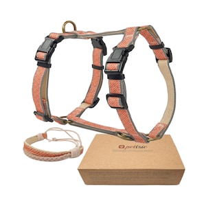Puede incluir: Un arnés para perro de color melocotón con un brazalete de amistad a juego. El arnés está hecho de cáñamo y algodón y tiene correas ajustables. El texto de la caja dice "pettsie dog harness with friendship bracelet".